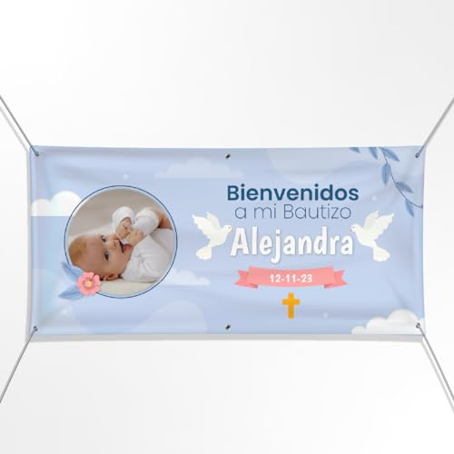 Cartel Personalizado para Bautizo con Foto, Nombre y Fecha en 21 Tamaños – Ideal como Pancarta Personalizada con Lona Impresión UV - Banner o Photocall para Decoración Bautizo Niño o Niña (Azul)