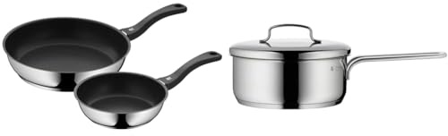 WMF Juego de sartenes Devil de 2 piezas, sartén de 28 cm + 20 cm, sartén de inducción & Mini - Cazo con Tapa Ø16cm Apróx 1,2L, Borde Vertedor, Apilable de Acero Inoxidable Cromargan