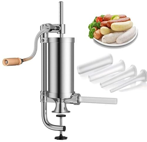 WishesMar 2.5 LB Embutidora de Chorizos Manual Máquina Salchichas de Acero Inoxidable Maquina Embutir Chorizo con 4 Tubos de Rellenador Capacidad