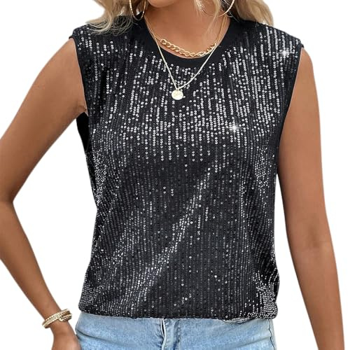 Naimo Damen Glitzer Pailletten Top Ärmellos Rundhals Tank Top Weste Elegant Sparkle Bluse Party Cocktail Oberteile
