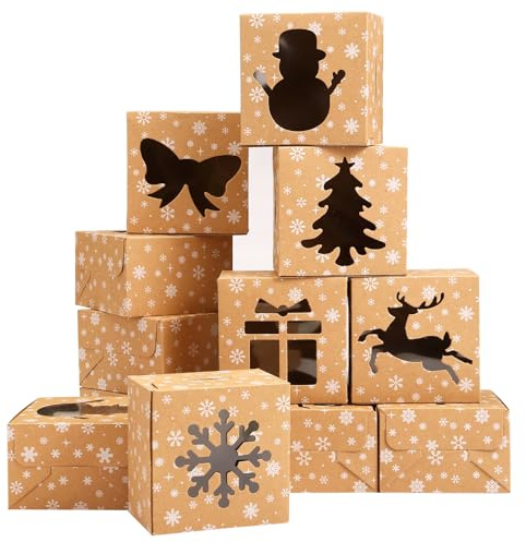 Naler 18 Cajas de Galletas de Navidad con Ventana Cajas de Regalo de Papel Kraft para Pastelería Cupcake Pastel Caramelos Dulces Golosinas de Postre