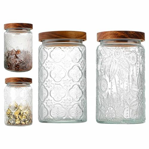 Glass Jar with Airtight Acacia Wood Lid 1000Ml Vintage Glass Kitchen Storage Counter Sealed Jar 35Oz Decorative Glass Food Storage Containers for Candy Flour Oats Coffee Bean (Begonia + Sunflower)