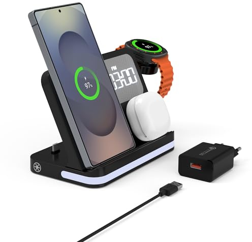 4-in-1 Ladestation Kompatibel mit Samsung Geräte mit Wecker & LED Licht - Kabelloses Schnellladegerät - Für Galaxy S25/Z Flip 6, Watch 7/Ultra, Buds 3 Pro - Schreibtisch & Nachttisch Organizer