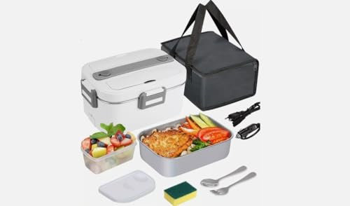 Generico Porta Pranzo Elettrico Portatile Scaldavivande per Auto, Camion, Ufficio 4 in 1 12V/24V/220V~240V 1.5L 60W Porta Merenda in Acciaio Inox, Scomparti, Forchetta, Cucchiaio, Borsa Trasporto
