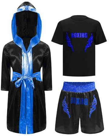 inhzoy Costume Pugile Bambino e Ragazzo Cappotto Kickboxer con Cappuccio + Maglietta + Pantaloncini Muay Thai Completo da Boxe Abbigliamento da Combattimento Kick Boxing Nero&Blu 13-14 anni