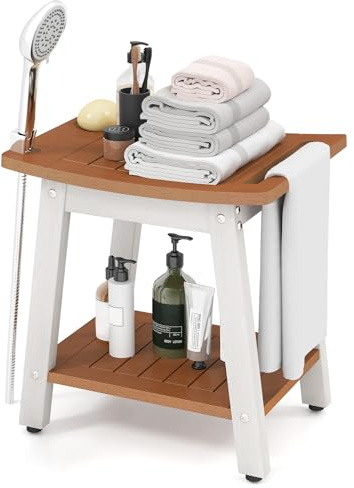 HOMFME HIPS Shower Bench, 2-Tier Spa Curved Shower Seat with Storage Shelf, Shower Head and Soap Holder, Bathtub Chair Bathroom Stool for Elderly Disabled Adults (Brown + White, 41x32x44cm) | Shower Head and Soap Holder, Bathtub Chair Bathroom Stool for Elderly Disabled Adults (Brown + White, 41x32x44cm)