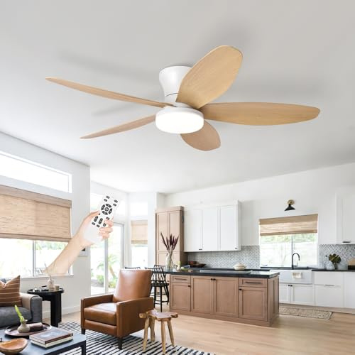 Ventilateur Plafond Avec Lumiere Silencieux, Lustre Ventilo De Plafond Avec Lampe Intégrée Réversible DC Moteur, LED Luminaire Ventilateur Plafonnier Pour Chambre Salon Cuisine-White+WoodGrain||42in