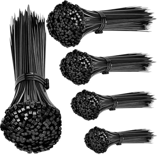1000 pièces de colliers de serrage noirs, Set 100/150/200/250/300 mm, résistants aux UV, auto-verrouillant pour intérieur et extérieur - Idéal pour la gestion des câbles, le jardinage, la maison