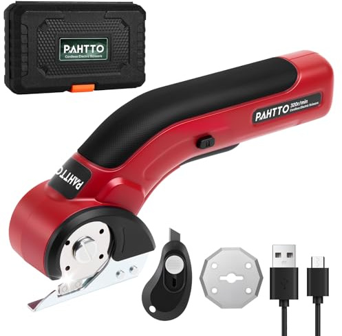 PAHTTO Cisaille électrique Coupe-carton 4 V, 320 tr/min, coupe-rouleau sans fil Coupe-tout universel avec 2 lames auto-affûtantes et chargeur, pour papier, carton, moquette, cuir, tissu (rouge)