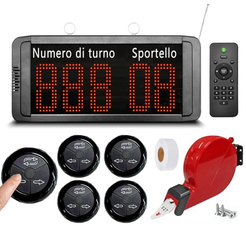 CYSSJF Kit Eliminacode Digitale(Chiamata in Italiano) | Display Eliminacode Elettronico(N. cliente → N. sportello) + 5 Pulsanti di Chiamata (per Banco/Sportello) | Kit con Chiocciola Eliminacode