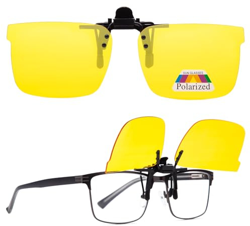 Amorays Polarisierte Flip up Clip on Nachtfahrbrille Anti-Glare Gläser für Herren und Damen Verbessert Sicht bei Nacht und Regen 7810(Gelbes Glas)