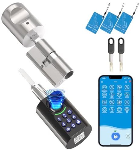 RUILON Smart Türschloss – IP65 Fingerabdruckschloss mit 3 RFID-Karten, 2 Schlüssel, elektronischer Zylinder, einfach zu installieren, für Türen 60-90 mm, biometrischer Griff