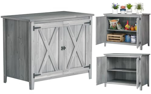 Outsunny Gartenschrank Holz Gerätehaus mit Ablagen 110x60x88,5cm Hellgrau | Geräteschrank, Doppeltüren, Geräteschuppen, Werkzeugschrank, Gartenschuppen Gartenhaus, für Hinterhof Terrasse