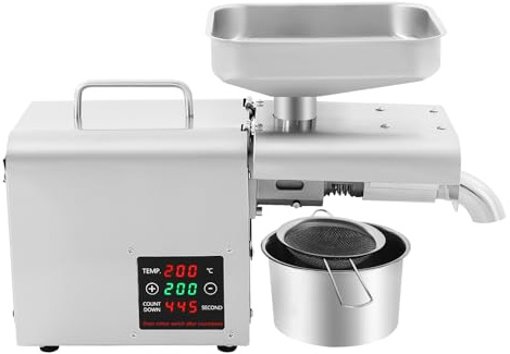 Edelstahl Ölpresse 50-250°C Automatische Öltemperaturregelung Ölpressmaschine mit Heiß- und Kaltpressung 150W 3-6kg/Stunde, Ölextraktormaschine für Kommerzielle und Heimgebrauch