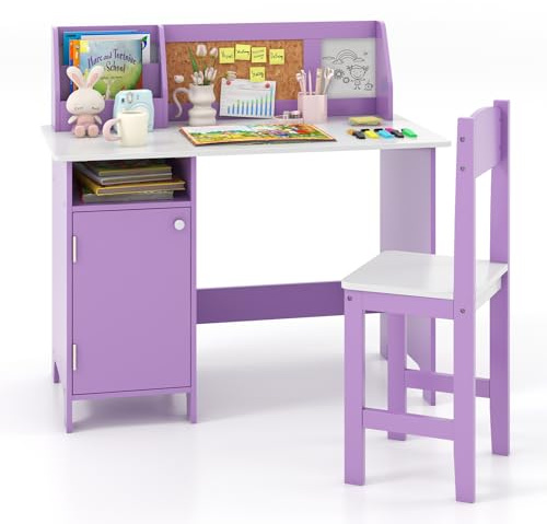 GOPLUS Kinderschreibtisch mit Stuhl, Schülerschreibtisch Set Holz, Schreibtisch Kinder mit Bücherregal, Schrank & Pinnwand, Jugendschreibtisch für Handwerk & Hausaufgaben, für Kinder ab 3 Jahren, Lila