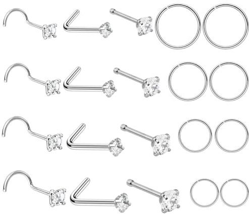 20 Pcs Thin Nose Ring Set, Nose Piercing Jewellery Corkscrew Stud Hoop | 20G Thin Nose Jewellery Set, Small Nose Ring, Corkscrew L-Shape Studs, Hoop Piercing, Silver, for Women Men