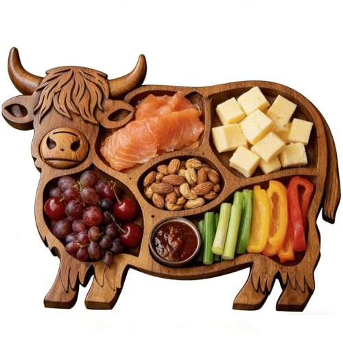 Wooden Cow Charcuterie Board, Rustic Highland Cattle Food Platter, Farmhouse Appetizer Serving Board, Multi Compartments Design for Snack Fruit Meat Cheese Home Party Banquet