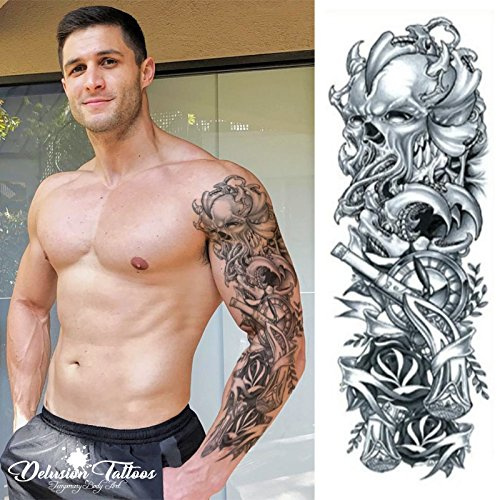Temporary Tattoo Sleeve, Realistic, Transfer, Sticker, Kraken Pirate, Skull, Clock, Gun, Arm, Mens, Womens, Kids