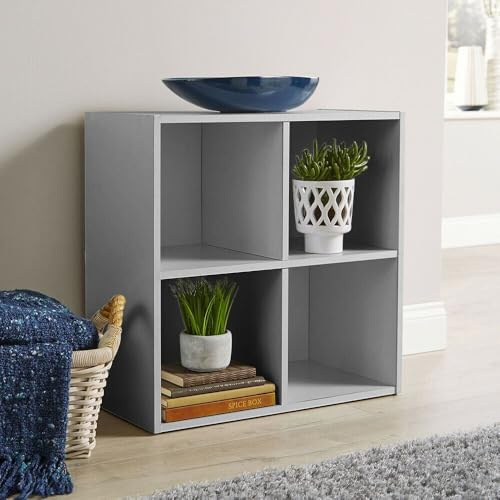 Home Source Storage Cube 4 Shelf Bookcase Wooden Display Unit, Grey, 60cm