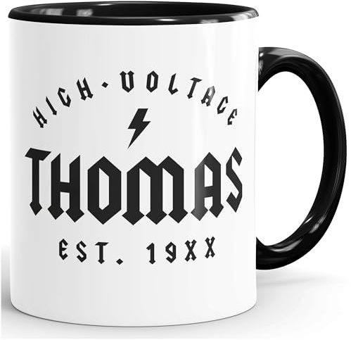 MoonWorks® Tasse Geschenk Geburtstag personalisierbar Schriftzug High Voltage anpassbarer Name und Geburtsjahr Kaffeetasse Schwarz Keramik-Tasse