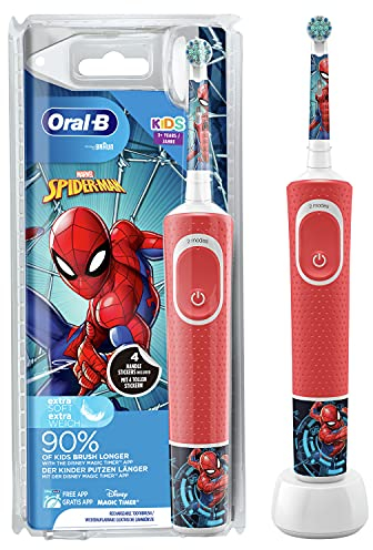 Oral-B Kids Spiderman Elektrische Zahnbürste für Kinder ab 3 Jahren, extra weiche Borsten, 2 Putzmodi inkl. Sensitiv, Timer, 4 Spiderman-Sticker, rot