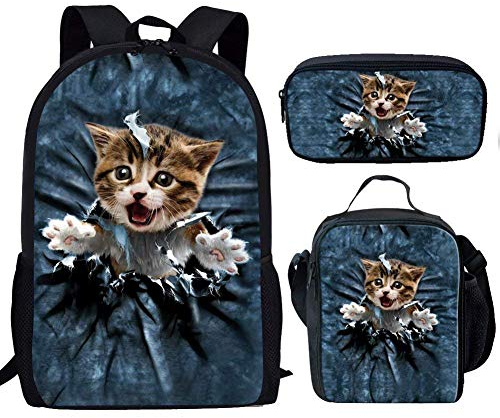 Binienty 3-in-1-Rucksack mit Lunchtasche und Federmäppchen für Kinder, Jungen, Mädchen, Schulschulranzen, Katze, Einheitsgröße,