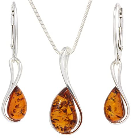 LIGURIUS NATURAL BALTIC AMBER STERLING SILVER 925 NECKLACE & EARRINGS Set Cognac Gemstone For Women & Silver Adjustable CHAIN Snake 45cm - 50 cm, Gift set