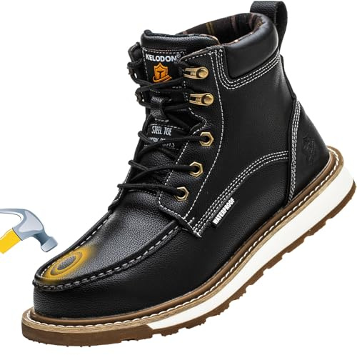KELODON Waterproof Steel Toe Boots For Men-6 Leather Moc Toe Work Boots Mens Steel Toe Shoes Indestructible Non Slip Resistant Construction Safety Boot,Black,size 10.5 Men