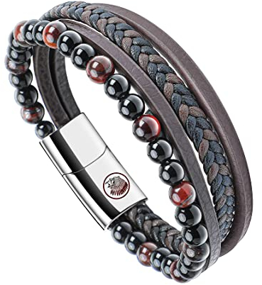 Casisto.J Lederarmband Herren Armband Schwarz mit Magnet Verschluss, Naturstein Geflochten Echtleder Armbänder für Männer zum Vatertag Geburtstag Weinachtstag