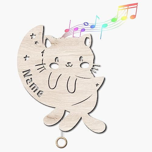 Namofactur personalisierte Spieluhr Katze auf Mond aus Holz für Babys | Mit Name, Geburtsdatum oder weiteren persönlichen Daten – Aufziehmechanismus spielt eine sanfte Melodie als Einschlafhilfe