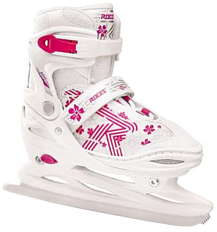 Roces Kid's Children Adjustable Stainless Steel Figure Blade Jokey Ice 3.0 Girl Ice Skates w/Laces, Power Strap & Microadjustable Buckle Closure, White/Pink, 10JR-12JR