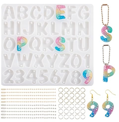 Beadthoven Moules en silicone pour connecteurs lettres et chiffres A ~ Z et 0 ~ 9 en résine époxy avec chaînes à billes et anneaux ouverts pour la fabrication de bijoux