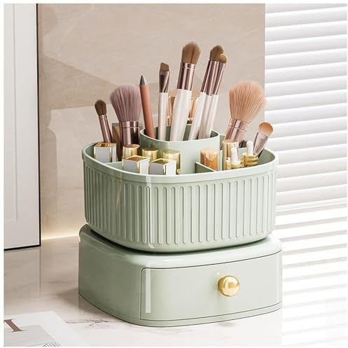 360° Rotating Makeup Organiser Makeup Brush Holder With Drawer Dressing Table Cosmetic Storage Box Dressing Table With Drawer Perfume Cosmetic Organiser For Bedroom Bathroom Office ( Color : Green )