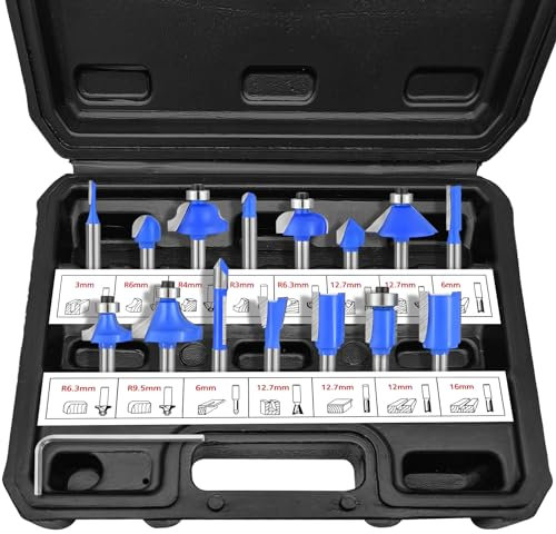 15Pcs Router Bit Set 1/4 Shank Tungsten Carbide Tipped Milling Cutter, Woodworking Mixed Milling Saw Cutter Tools Set Storage Case Included for Woodworking, Edging, Trimming, Grooving