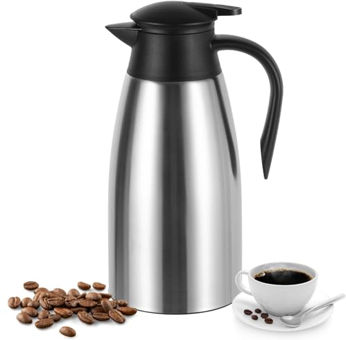 Esilihom 2L Thermal Carafe Jugs, Double-Walled Vacuum Carafe Jug, Stainless Steel Thermal Caraf with Handle, Warm & Cold Retention for Coffee, Tea, Water, Drink (Silver)