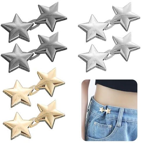 Bekecidi 6 Paar Stern-Jeansknöpfe, abnehmbare Hosen-Taillenspanner, verstellbare Taillenschnalle, Taillenspanner für Hosen, Taillenversteller, Clips, kein Nähen, für lose Jeans und Hosen