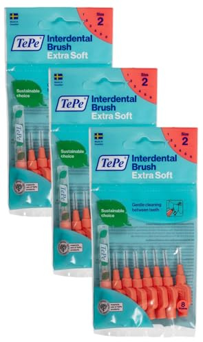 TePe Interdentalbürsten Extra Soft Rot (ISO Größe 2: 0,5 mm) / Für eine besonders sanfte & effiziente Reinigung der Zahnzwischenräume / 1 x 8 Interdentalbürsten (Packung mit 3)