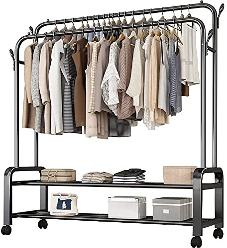 OUdini Hochleistungs-Kleiderständer Auf Rädern, Industrielle Kleiderstanmit Regal Und Doppelter Kleiderstange, Für Schlafzimmer, Ankleidezimmer/Black/150 * 58 * 162Cm