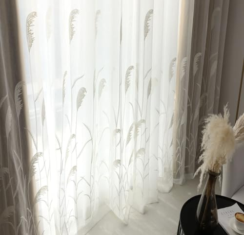 Homxi Gardinen Lichtundurchlässig Set 2er Set,2 x 107W x 214H cm,Gardinen Wohnzimmer Durchsichtig Weiß Blätter Muster Vorhänge für Haken