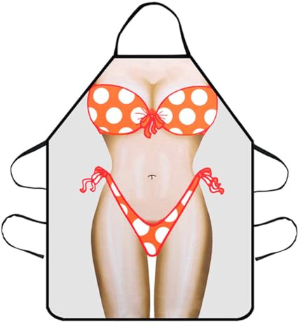 Cosysparks BBQ Apron Funny Aprons for Women Bikini Apron Sexy Aprons for Barbecue Party Festival Joke Present Novelty Gifts for Women (White and orange)