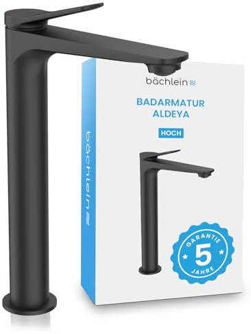 Bächlein Badarmatur Aldeya hoch in modernem Design, extra hoher Einhebelmischer für Aufsatzwaschbecken mit Montage-Set, Bad Wasserhahn Schwarz Matt