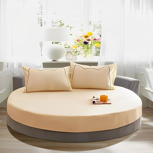 Highdi Rund Spannbettlaken Weiches Atmungsaktiver Mikrofaser Bettlaken, Baumwolle Matratzenschoner Tiefe Tasche für bis 25cm Matraze (230cm,Beige)