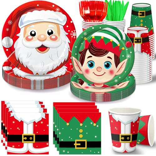 144 PCS Christmas Party Decorations - Christmas Party Supplies Set Includes Paper Plates, Napkins, Cups, Forks, Knives for Holiday Xmas Party Decorations, Serves 24