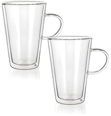 Wintem Juego de 2 tazas para capuchino de cristal de 370 ml – con dimensiones 9,4 x 14,2 cm son ligeras y resistentes – Doble pared para aislamiento térmico – Resisten temperaturas de 0 a 300 °C –