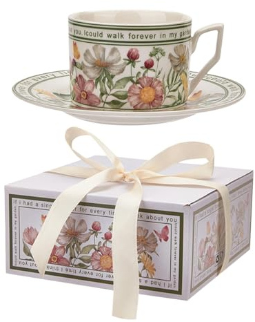 Generico Set tazza da tè con piattino, tazza da caffè con piattino - Tazza da caffè con fiori da 240 ml | Set tazza da caffè con piattino, design e creativo