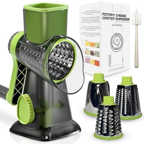 Rotary Cheese Grater with Handle, XinM Cheese Shredder Kitchen Mandoline Vegetable Slicer with 3 Interchangeable Blades, Easy to Clean Rotary Grater for Cheese Potato Nuts Chocolate (Green)