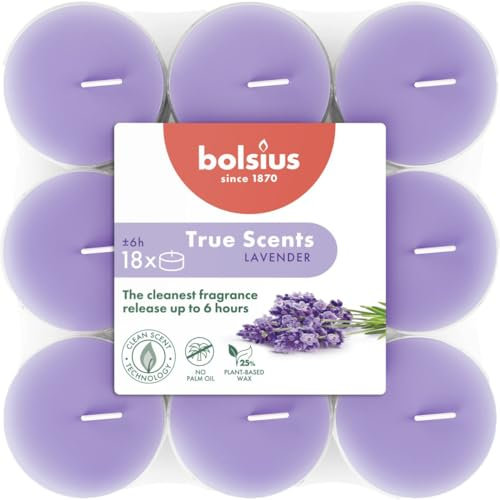 Bolsius - True Scents - 18 Candele Profumate per Tealight - Lavanda - Durata Lunga della Combustione di 6 Ore - Diametro 39 mm - Contiene Estratti Naturali - Cera Vegetale - Senza Olio di Palma