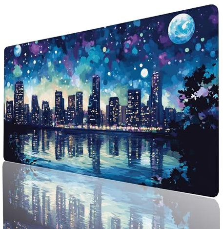 Tapis de Souris XXL 1200x600x3mm, Grand Tapis Bureau Ciel étoilé, Bords Cousus Antidérapant et Imperméable, Ville Mouse Pad Compatible Clavier sans Fil et Souris sans Fil, Gaming Accessoire GYL-2539