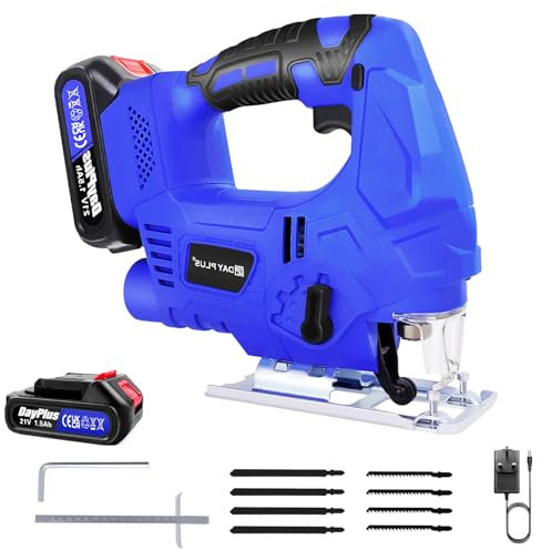400W 3000 SPM Cordless Jigsaw Tool, 21V Battery Powered Electric Jig Saw to Cut Wood, -45° to +45° Bevel Cutting, Powerful Jigsaw Cutter with 1500mAh Battery and Charger, LED Light, 8PCS Blades