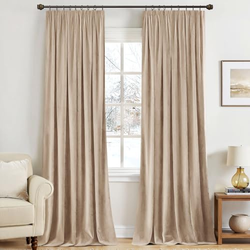 MIULEE Samtvorhang Kräuselband Blickdicht 2er Set Dunkelbeige 140x260cm | Samtvorhang schwer blickdicht, thermische Isolierung, Kräuselband, edler Look für Wohn- und Schlafzimmer